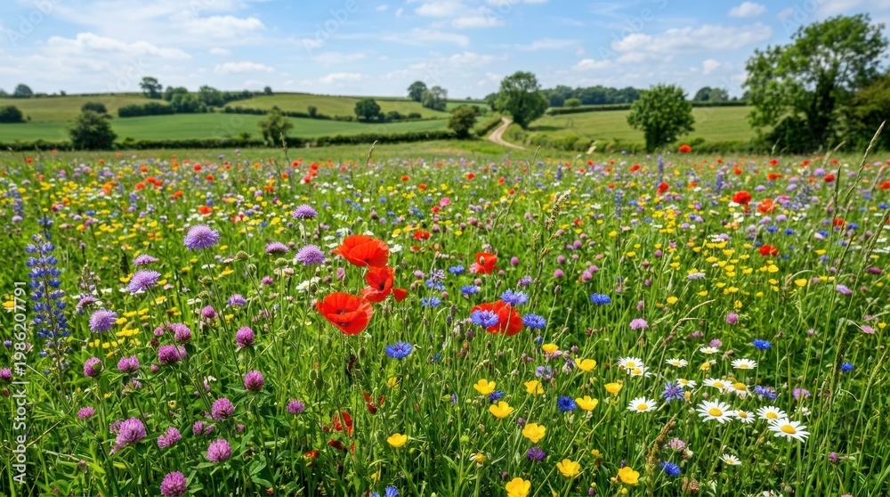 Obraz premium A vibrant wildflower meadow stretches across a rolling landscape under a bright blue sky.