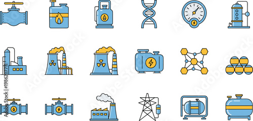 Industrial and Energy Icon Vector Collection Featuring Factories, Power Plants, Valves, DNA, and Scientific Equipment