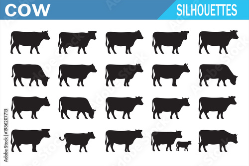Farm cow silhouette bundle with domestic animal shapes isolated on white