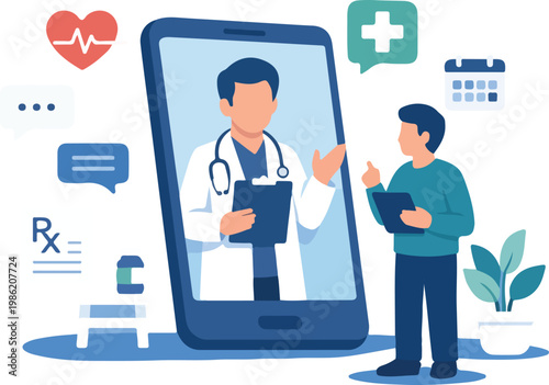 Telemedicine Mobile App Consultation with Doctor and Patient Remote Healthcare Service Flat Vector Illustration
