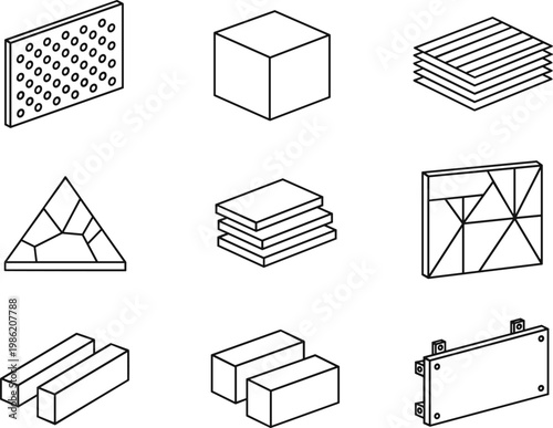Industrial Component Vector Collection Featuring Plates, Cubes, Prisms, Bars, and Structural Material Designs