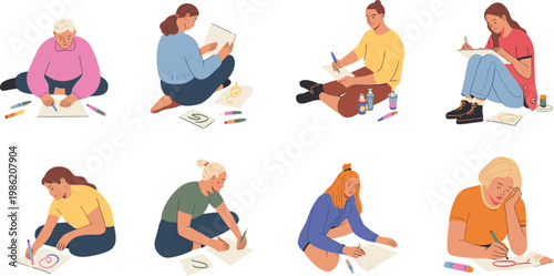 People drawing and painting illustration set with diverse characters sitting on floor sketching and being creative for art therapy and education concept 