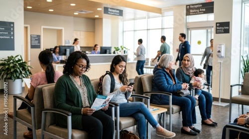 Several people sit in a waiting area of a medical office. A woman in a green sweater reads a brochure, while a young woman uses her phone.