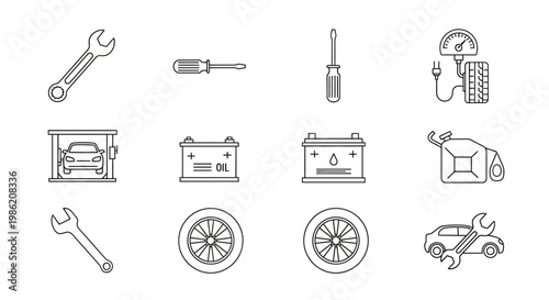 Set of Automotive Repair and Car Maintenance Line Icons
