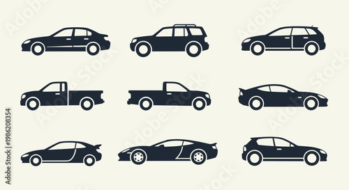 Set of Various Car Silhouettes and Vehicle Icons