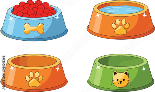 Pet Bowl Vector Collection Featuring Dog and Cat Feeding Accessories with Food, Water, and Decorative Designs
