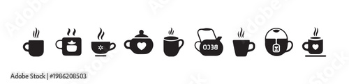 Set of coffee and tea cup icons with steam and decorative elements on white background for design