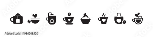 Diverse vector icons set showing specialty hot beverages like tea coffee whipped cream and specific ingredients symbol