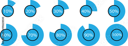 Set of Percentage Circle Charts and Progress Indicators from 10 to 100 Percent, Vector Infographic Design Elements for Dashboard and Web UI