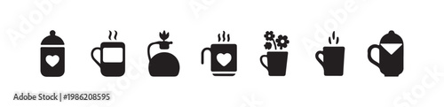 Various coffee and tea accessories icons featuring mugs kettle flowers and heart shapes for decor