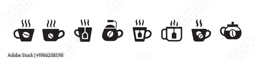 Set of coffee and tea cups, mugs, and teapots with steam and coffee bean or tea bag icons