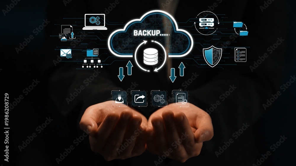Fototapeta premium Hands Holding Cloud Data Visual with Backup Icons and Symbols Representing Digital Security and Information Technology Concepts Sigmoid