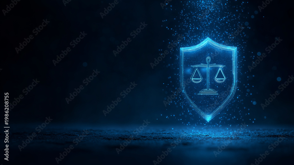 Fototapeta premium Glowing digital shield with scales of justice icon, legal protection concept, cyber law, data security, compliance, virtual rights defense and futuristic judicial technology