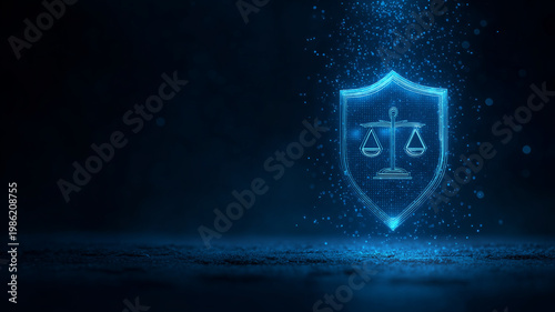 Glowing digital shield with scales of justice icon, legal protection concept, cyber law, data security, compliance, virtual rights defense and futuristic judicial technology