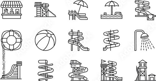 Water Park Icon Vector Collection Featuring Slides, Pools, Lifeguard Tower, Concession Stand, and Aquatic Recreation Elements