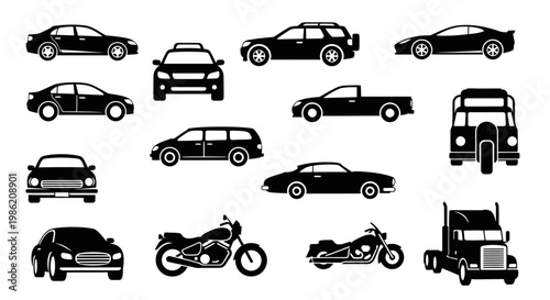 Set of Black Silhouette Icons of Various Vehicles and Transportation