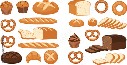 Assorted Bakery Bread and Pastry Vector Icons Featuring Croissants, Muffins, Donuts, Pretzels, Cupcakes, and Artisan Loaves