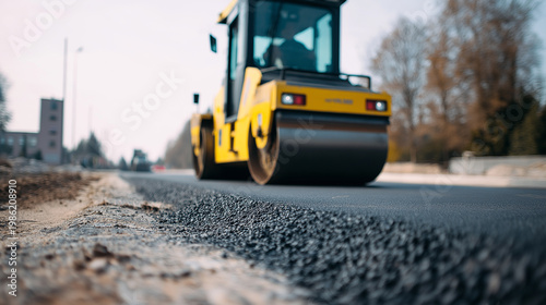 Road roller compacting asphalt on road construction site with low angle perspective and detailed texture.