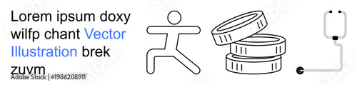 Health awareness, wellness, fitness improvement, medical care, recovery support, and active lifestyle. Stick figure exercising near medical infusion and coins. Fitness improvement and medical care