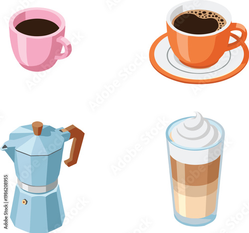 Vector Collection Featuring Cups, Mugs, Moka Pot, and Layered Latte with Whipped Cream Designs
