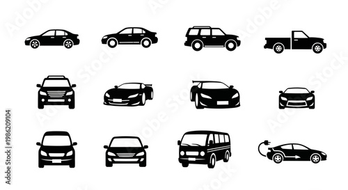 Set of Various Vehicle Icons and Car Silhouettes
