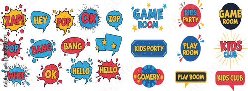 Comic speech bubbles and kids party labels set with pop art text effects game room badges and playful typography illustration collection