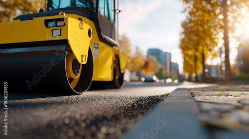 Road roller compacting fresh asphalt on newly paved road, construction and infrastructure concept.