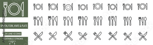 Restaurant and kitchen cutlery line icons set featuring spoon fork knife and plate vector illustration with editable stroke.