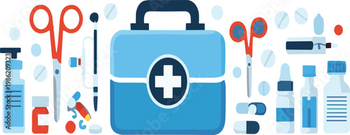 Medical first aid kit and healthcare tools set with medicines pills scissors bottles and emergency equipment illustration collection