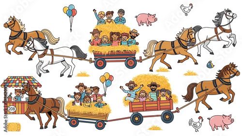 Children Riding Horse Drawn Carts Illustration.