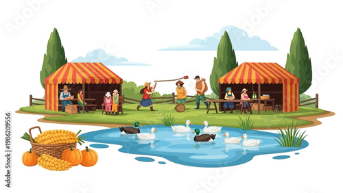 Fotografie Farm Pond with Ducks and People.