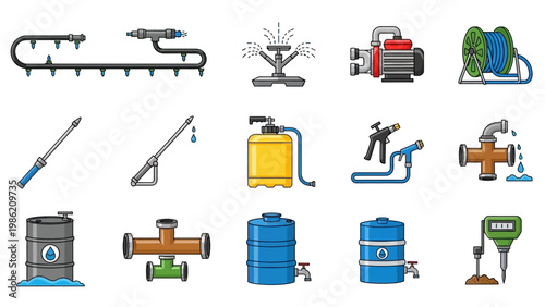 Water Pumps and Plumbing Equipment Icons Set.