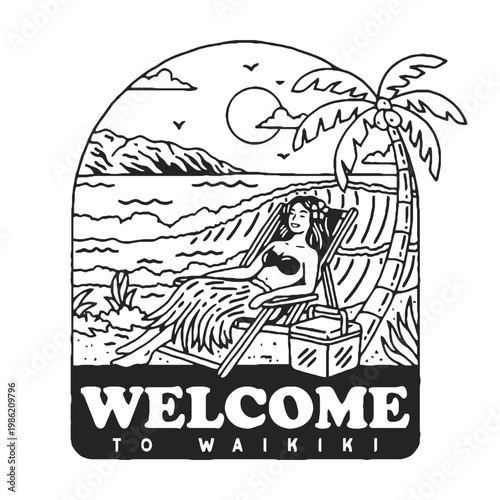 A woman sitting on a beach with a palm tree