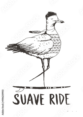 A bird standing on a surfboard with a cool haircut