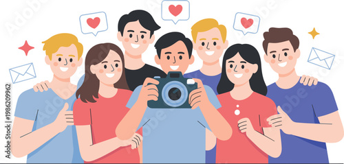 Happy diverse people group holding camera with heart and mail icons for social media community engagement and shared content creation vector illustration