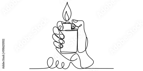 Single line drawing of a hand holding a lit cigarette lighter with a flickering flame. Vector, illustration