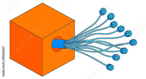 3d orange cube emitting glowing blue neural network particles vector illustration