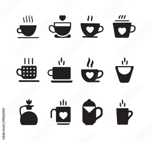 Assorted vector icons of various hot beverage containers including mugs cups and kettles with heart decor