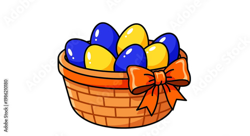 Woven easter basket overflowing with blue and yellow eggs, decorated with an orange bow, flat design vector illustration