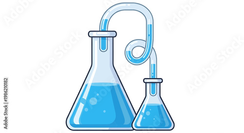 Scientific experiment with two flasks connected by a tube, showing liquid transfer, flat design vector illustration