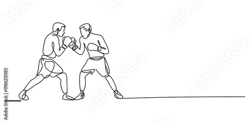Minimalist single line art illustration of two boxing athletes engaged in a competitive match Vector, illustration