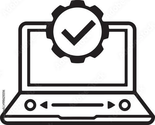 Laptop with gear icon and checkmark symbolizing successful software update or configuration