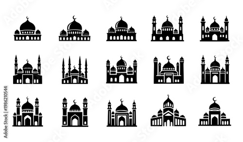 Islamic mosque silhouette icon vector set with diverse dome and minaret architecture styles in bold solid black design
