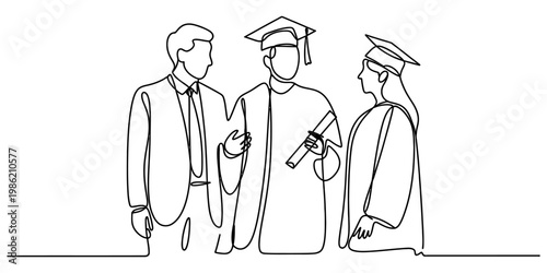 Continuous line drawing of graduates in gowns with a man in a suit celebrating graduation day. Vector, illustration