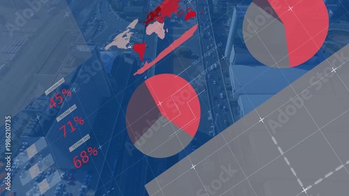 Animating composite data visuals over coastal aerial highway, showing pie charts, bars, world map