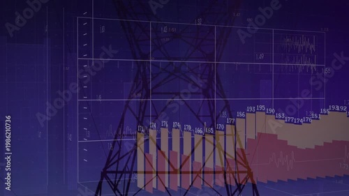 Vertical video: Tower centering while data starting grid UI bars rising fading showing dusk power