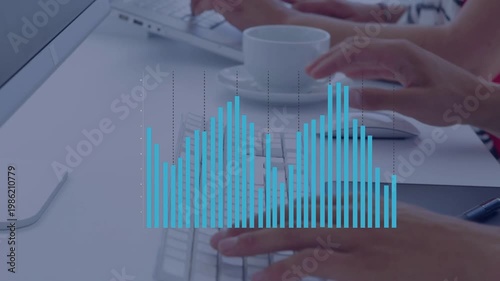 Vertical video: Team typing with hands on keys, overlaying pulsing tech visualizer over smartphone