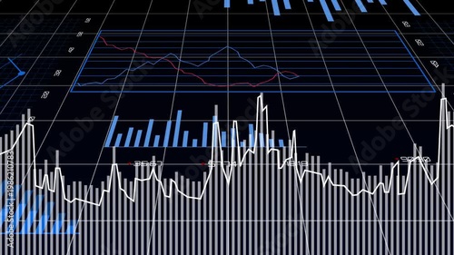 3D tech dashboard receiving data, white line spiking, bars varying, donut expanding for monitoring