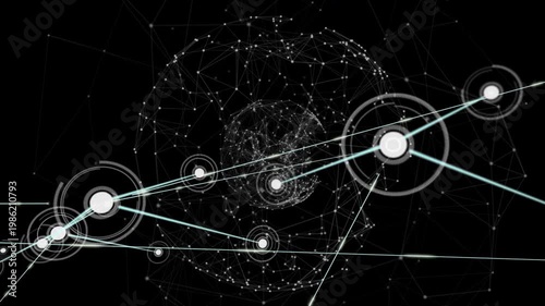 Point-cloud globe and node network responding to incoming luminous node, expanding beams for tech