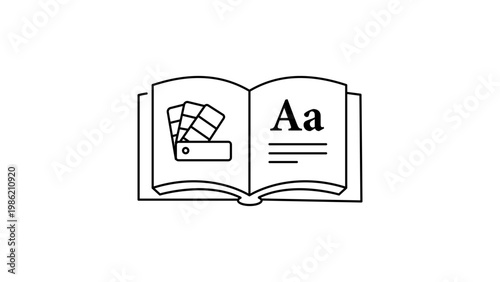 Brand Guidelines Minimalist Black Line Vector Icon on a White Background Representing an Open Book with Color Palette and Typography Symbols for Corporate Identity and Design Style Manual.